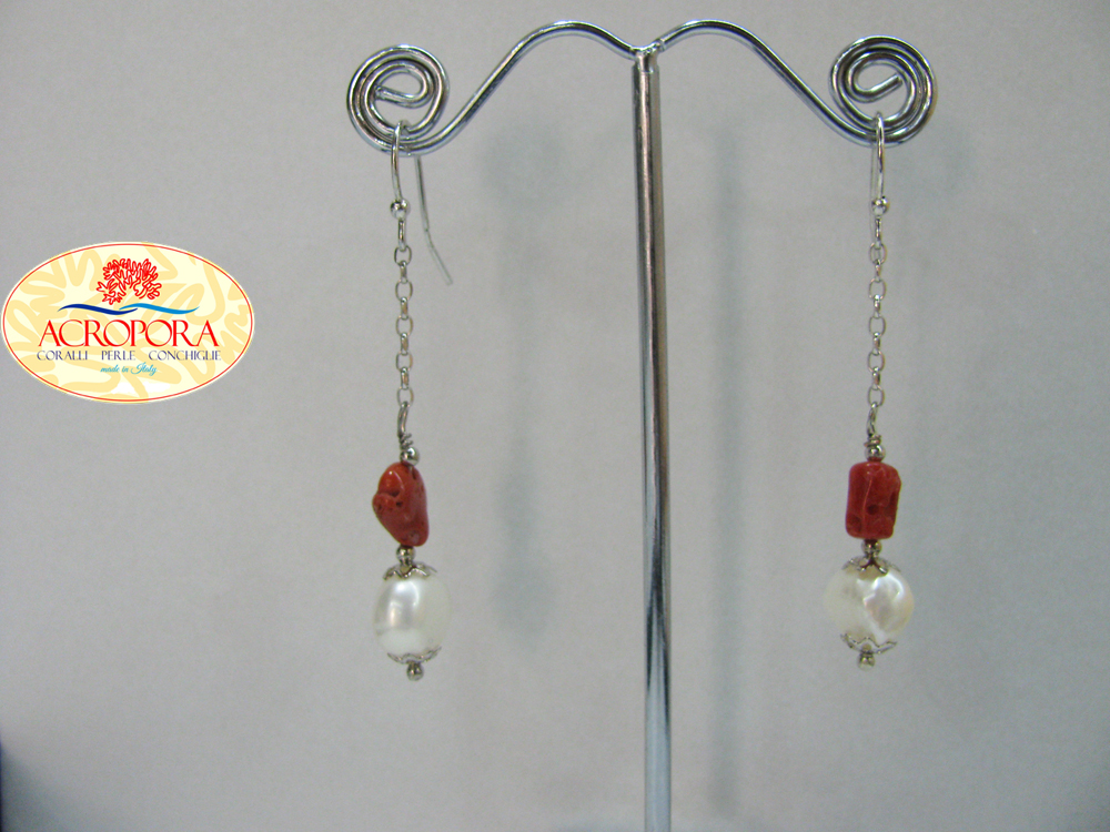 Orecchini A Perno In Argento Con Perla Conchiglia Rossa Corallo - 8/10/12 Mm - Vintage PE277